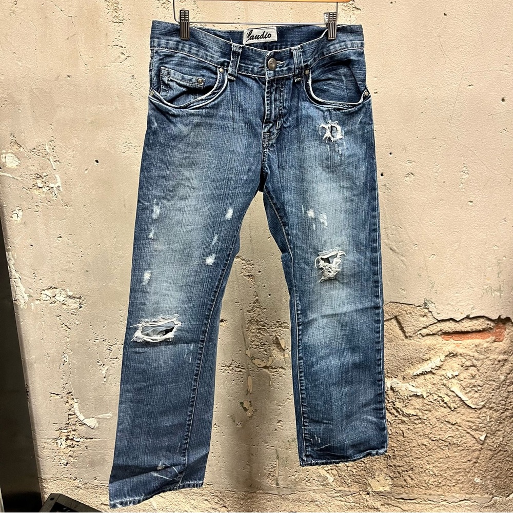 Claudio Dark Wash Distressed Straight Leg Y2K Embroidered Grunge Jeans 33x32